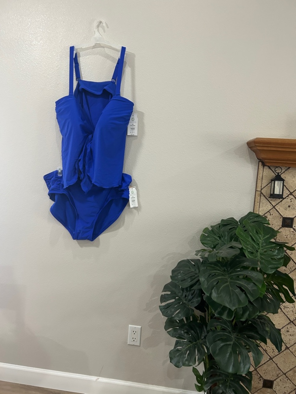 Matching blue swimsuit